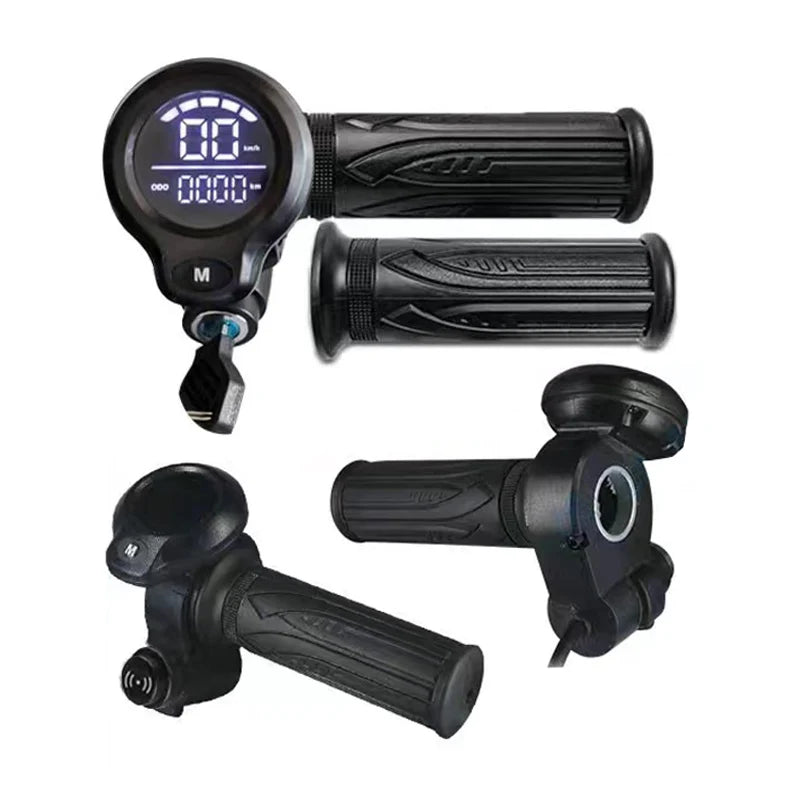 Black electric bike twist throttle set with integrated digital display, ignition key switch, and textured rubber grips.