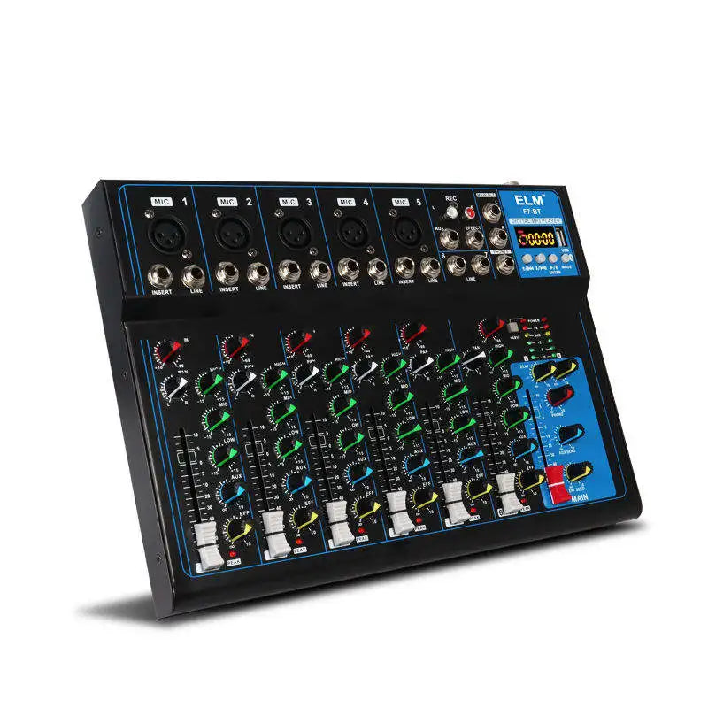 Black 7-channel DJ mixing console with blue accents, featuring multiple input channels, rotary dials and faders.