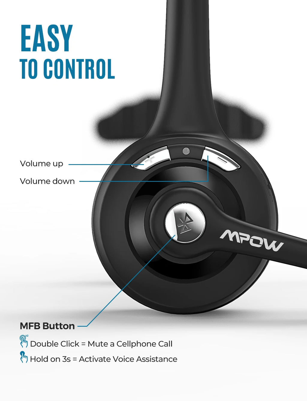 Black wireless office headset showing volume controls and a multifunction button for call and voice assistant features.