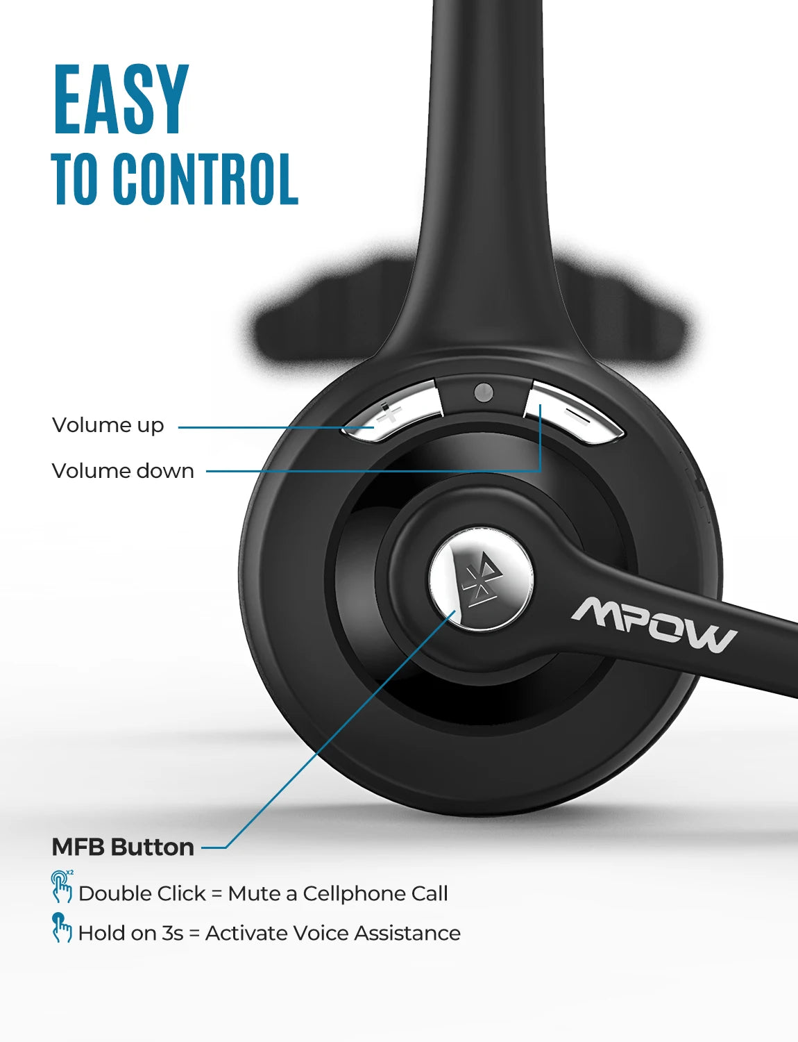 Black wireless office headset showing volume controls and a multifunction button for call and voice assistant features.