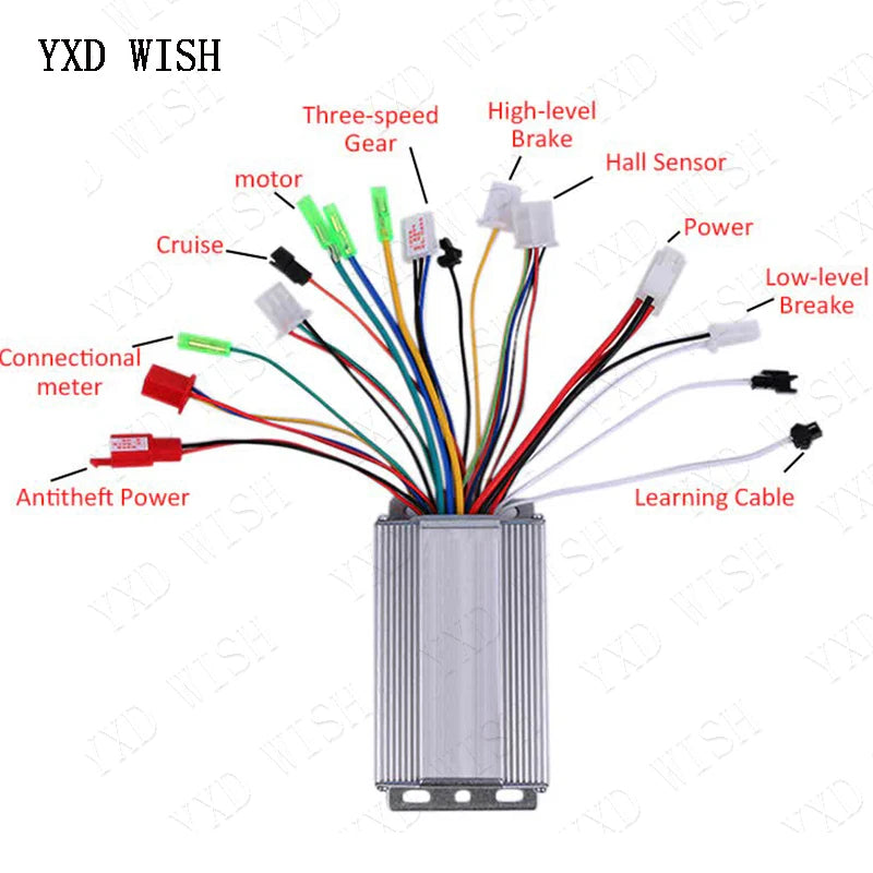 Silver 350W brushless motor controller for e-bikes, with labeled multi-colored wiring harnesses.