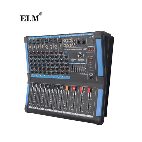 8-channel professional audio mixer in black and blue, featuring multiple rotary controls, faders, and DSP effects.