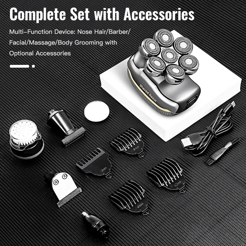 7D electric head shaver kit in grey, including various trimmer heads, guard combs, facial brush, and charging cable.