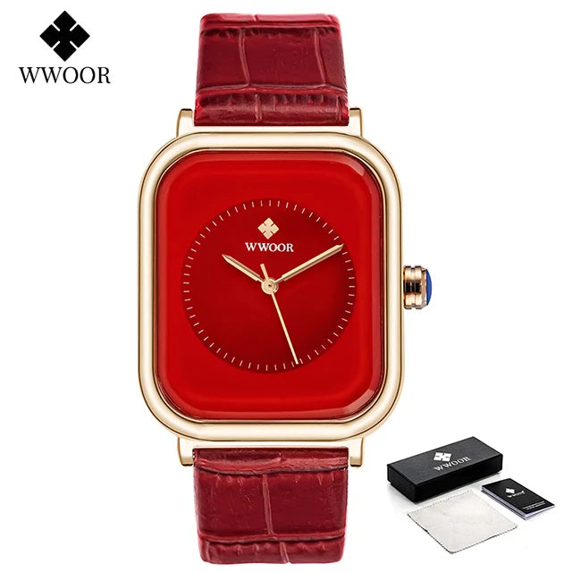 Ladies' square watch featuring a vibrant red dial, gold-tone case, and a textured red leather strap.