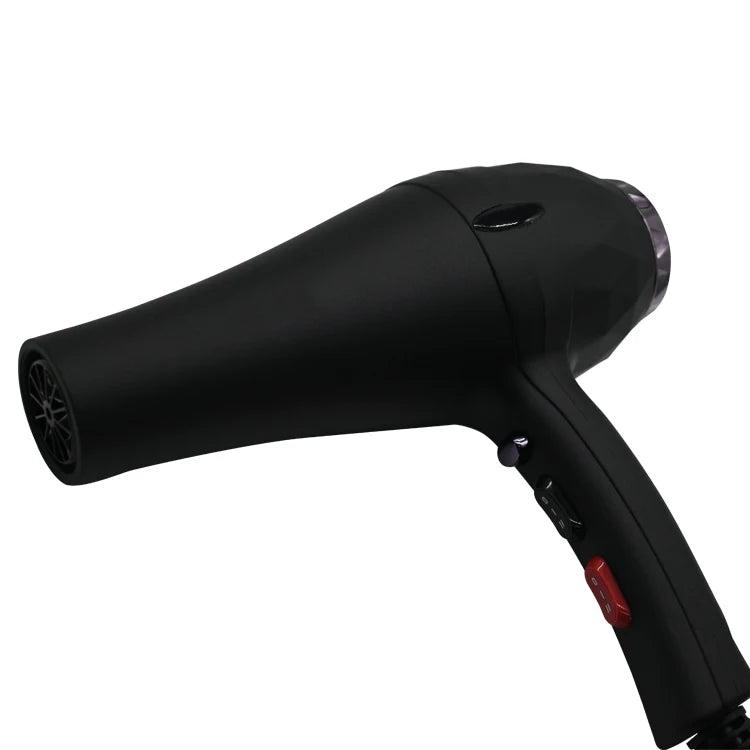 Professional matte black salon hair dryer with speed and temperature control switches and a red power button.