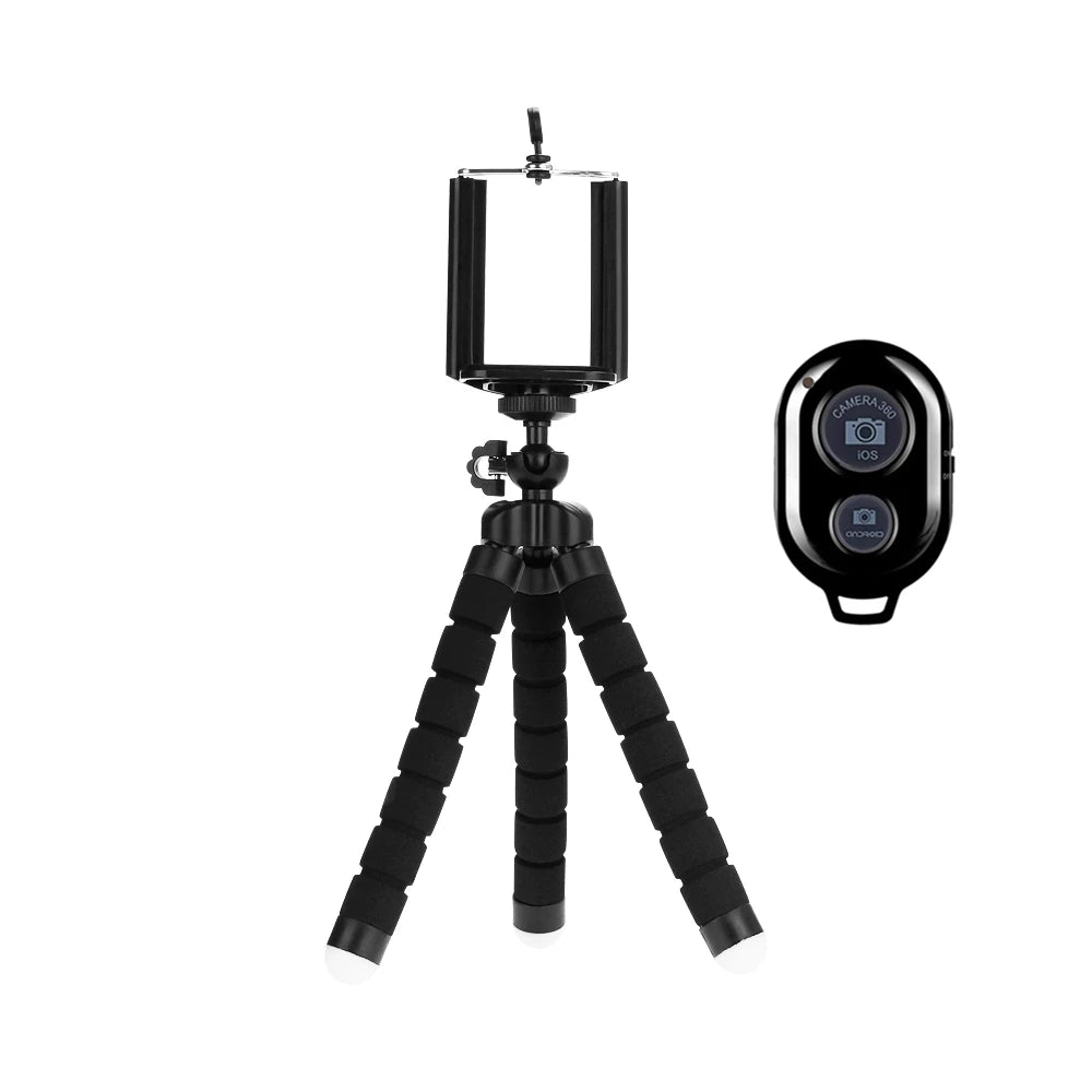 Flexible black phone tripod with universal phone mount and wireless Bluetooth camera remote shutter.