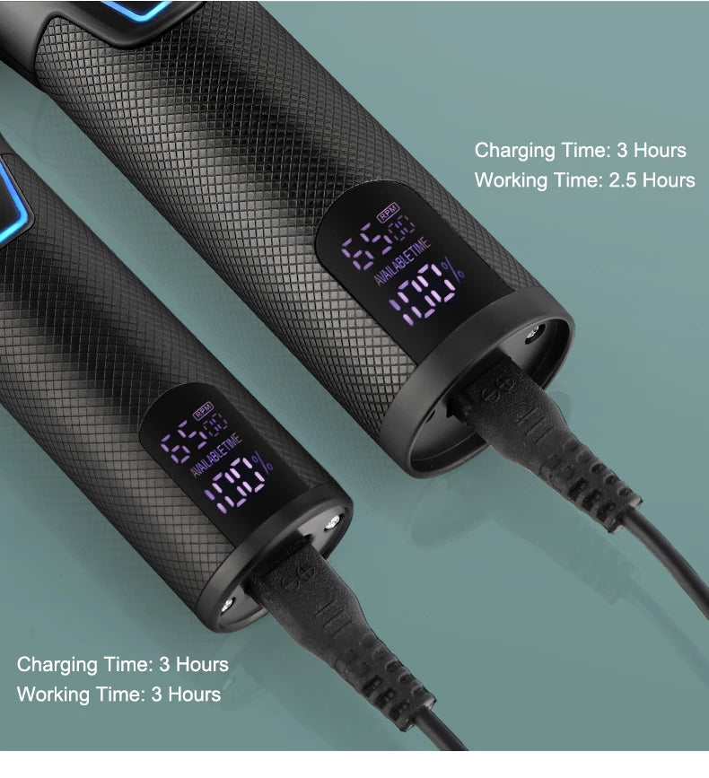 Two black textured electric hair trimmers with LED digital displays showing RPM and battery percentage, charging via cable.