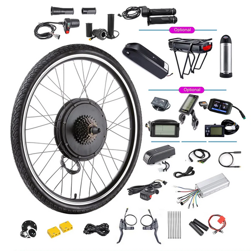 48V electric bike conversion kit featuring a motor wheel, battery, LCD display, throttle, and mounting hardware.