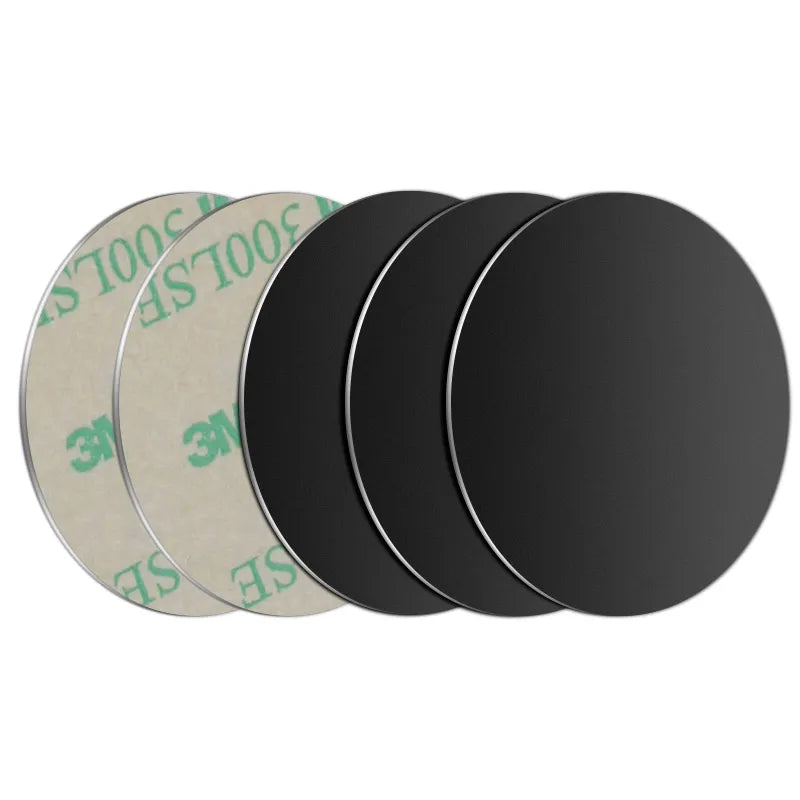 Five round, flat black adhesive discs shown from front and back, with adhesive paper backing visible.