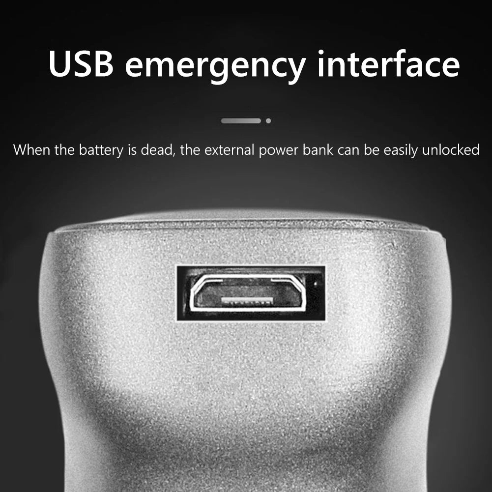 Silver metallic emergency USB charging port for a digital door lock.