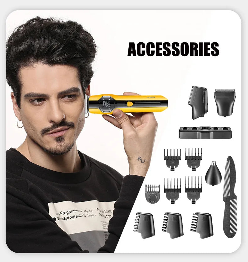 A man using a bright yellow, rechargeable hair trimmer with a digital display, shown with various black attachments.