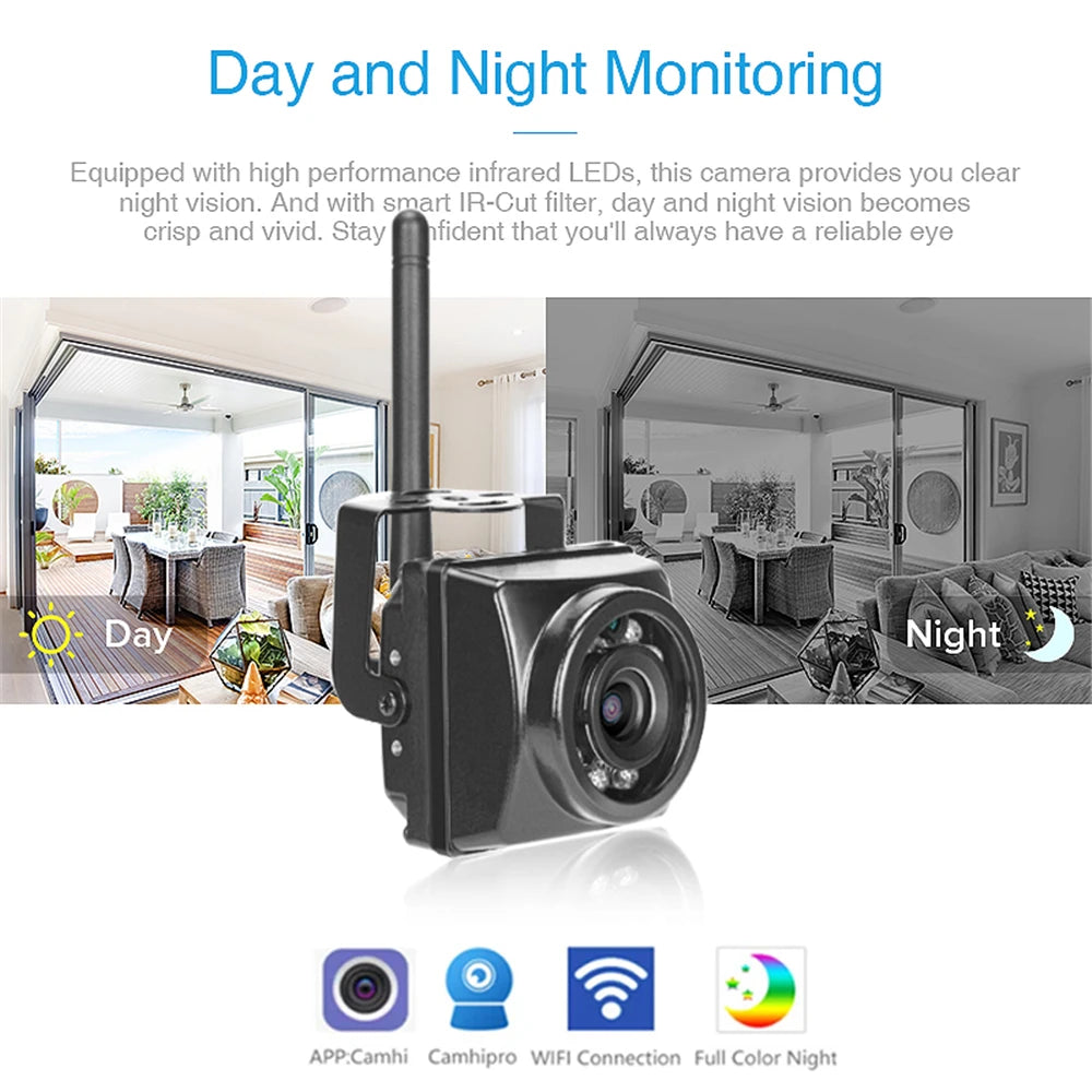 Black plastic security camera with an antenna, featuring infrared night vision and WiFi connectivity.