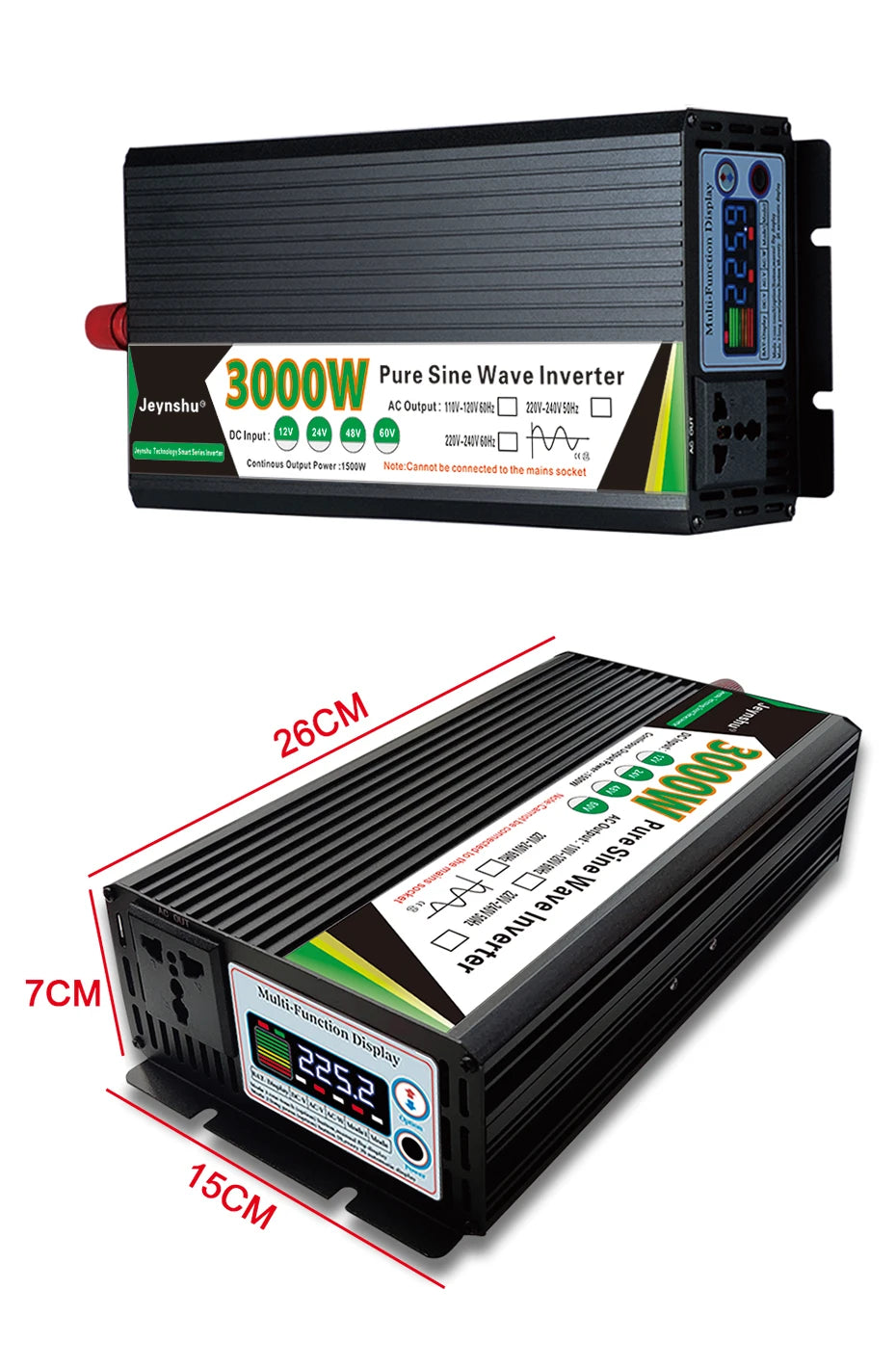 Black 3000W pure sine wave power inverter with a digital display, AC outlet, and ribbed metal casing.