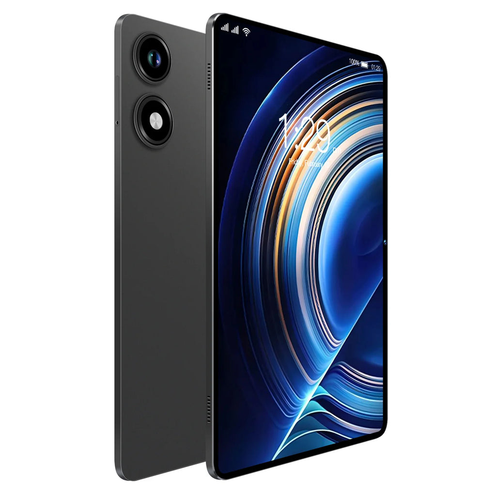 Sleek dark grey 10.1-inch tablet with a vibrant abstract display and a dual-lens rear camera design.