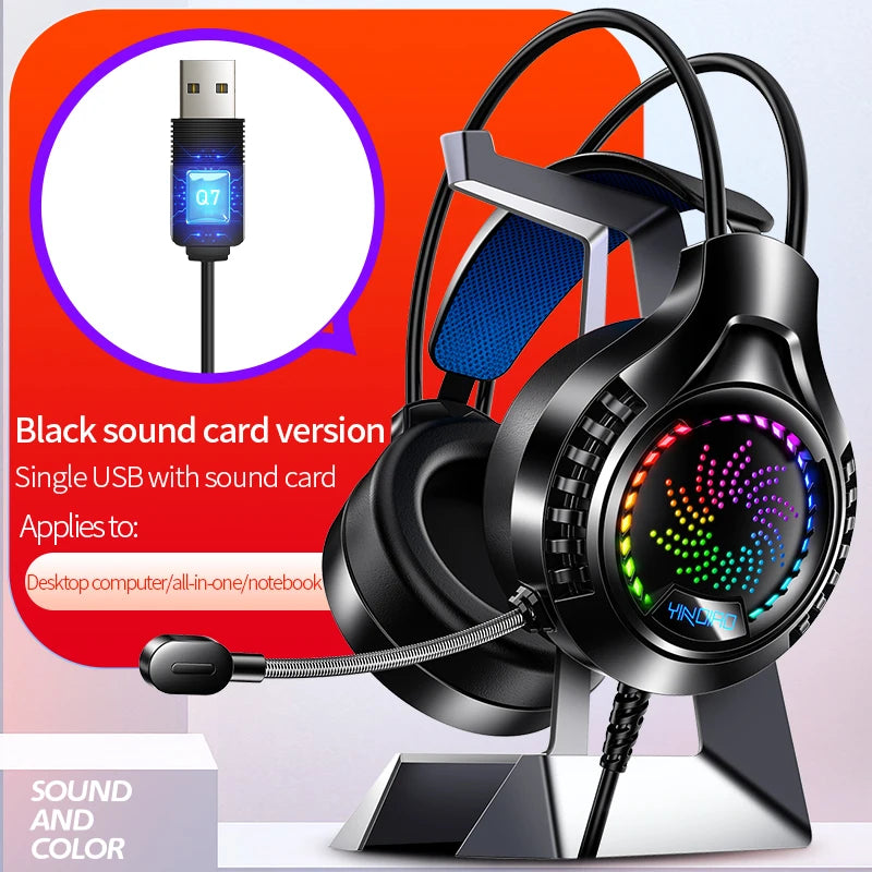 Black gaming headset on a stand, featuring glowing multicolour RGB ear cups, a flexible microphone and a USB connector.