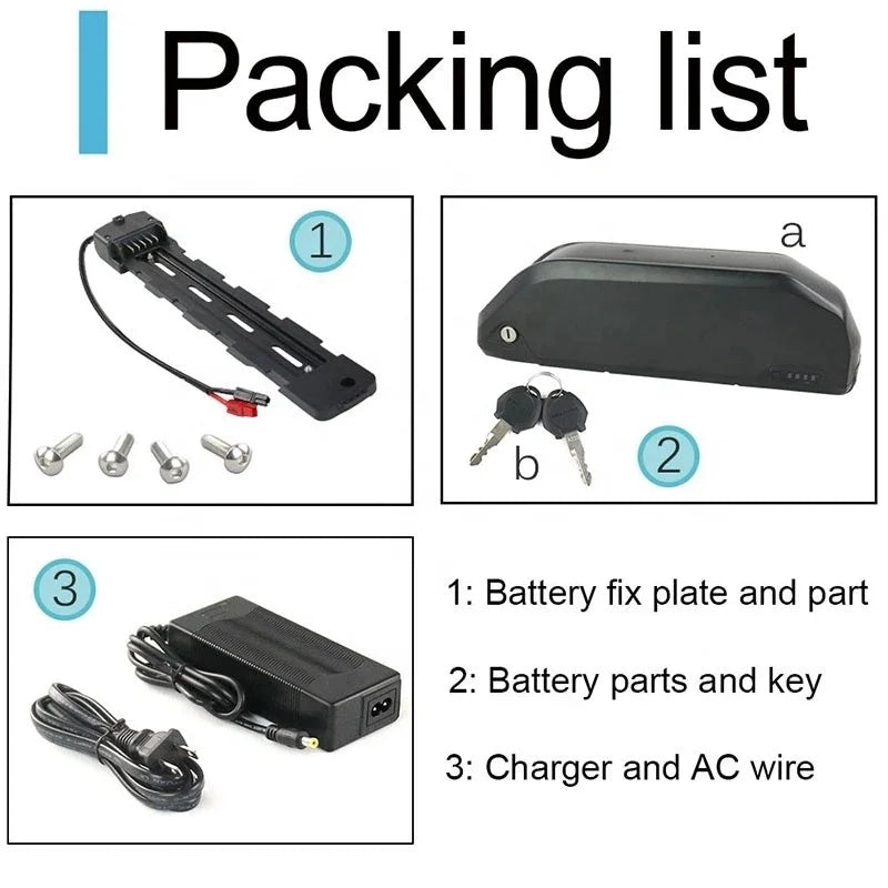 Packing list includes a black e-bike battery, mounting plate, locking keys, charger, and power cable with fixings.