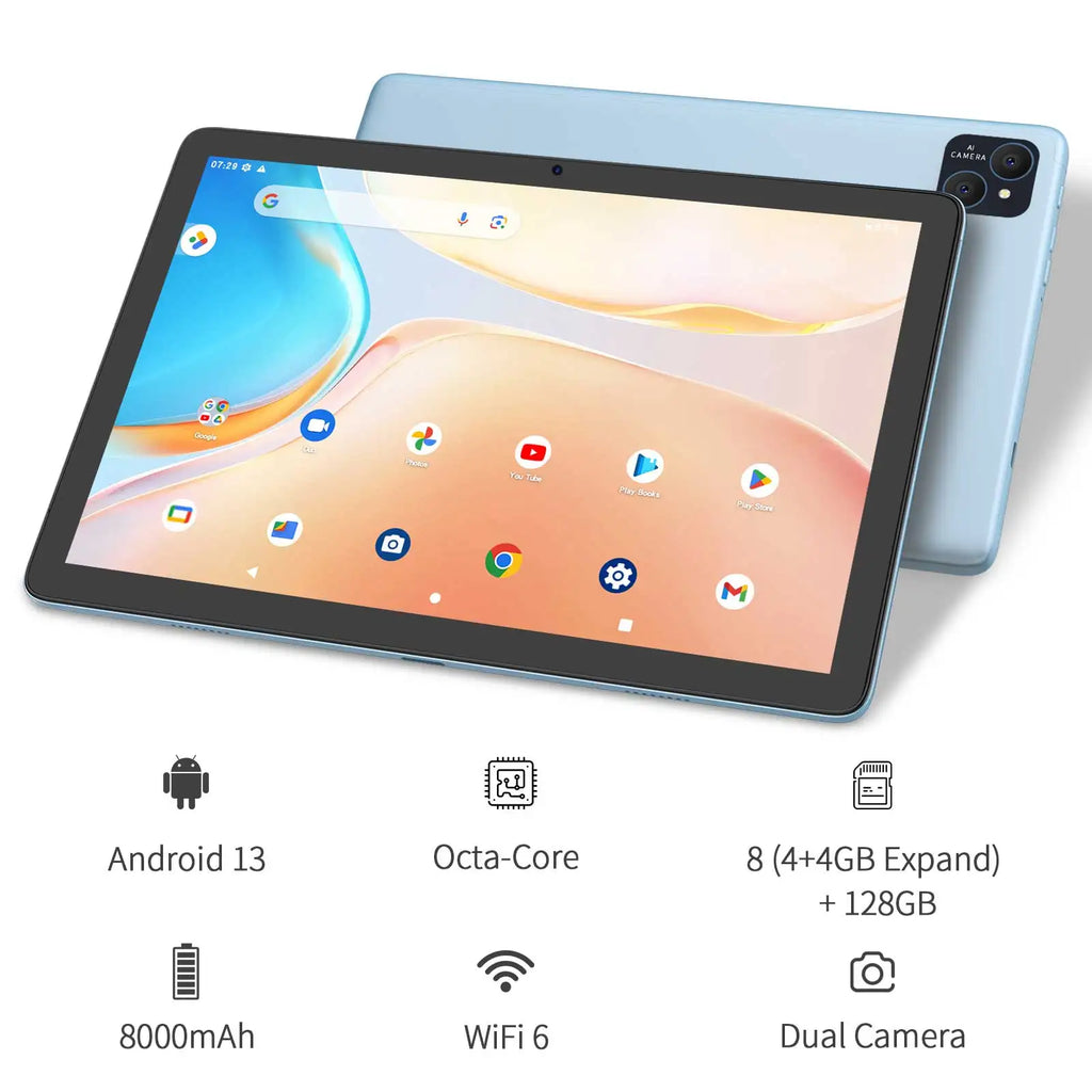 Light blue 10-inch Android 13 tablet with octa-core processor, 128GB storage, 8000mAh battery and dual cameras.