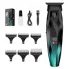 Black and green cordless T-blade hair and beard trimmer with six guide combs, charging cable, oil and cleaning brush.