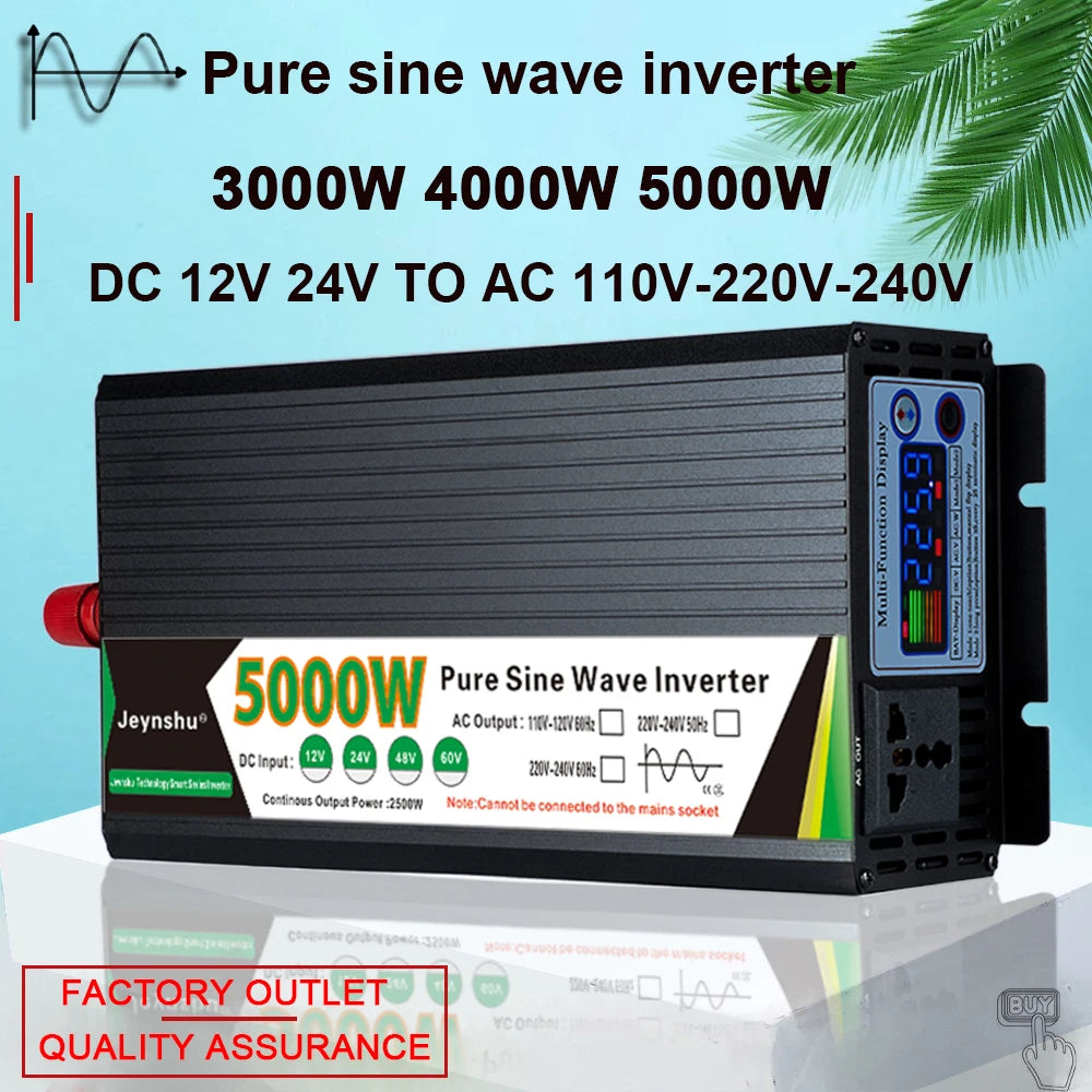 Black pure sine wave power inverter with a digital display and cooling fins, shown on a reflective white surface.