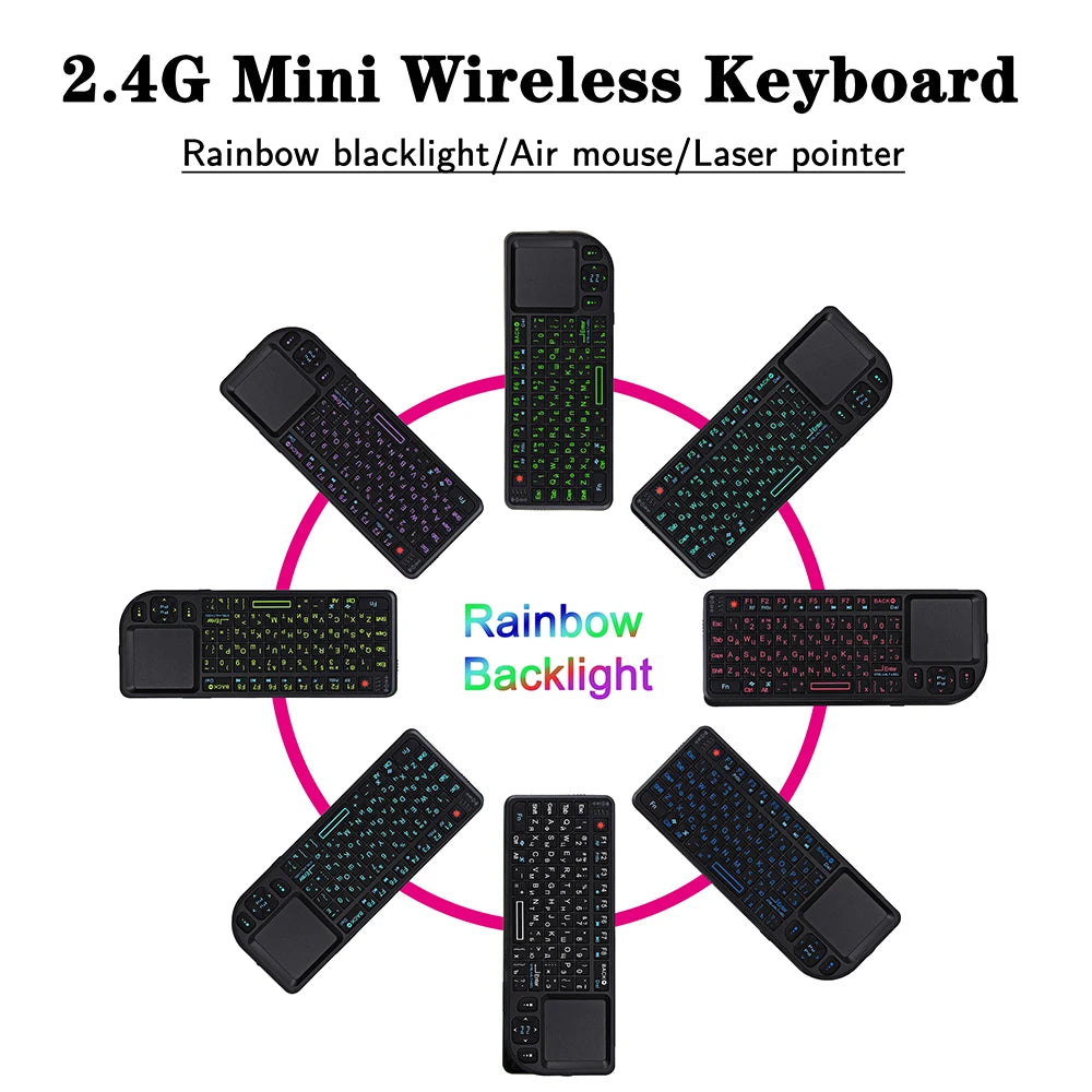 Black plastic mini wireless keyboard with rainbow backlit keys, integrated touchpad, air mouse, and laser pointer.