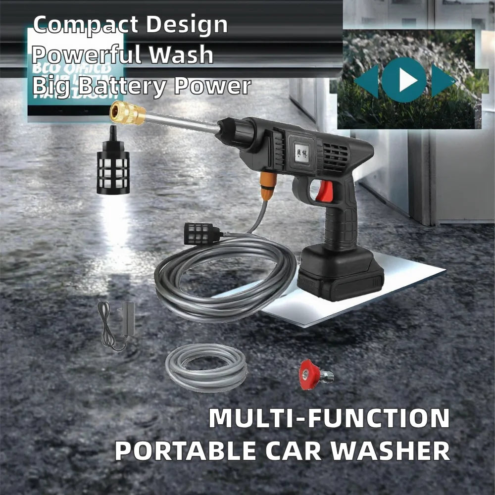 Portable black electric high-pressure car washer with battery pack, spray nozzle, water hose, and charger.