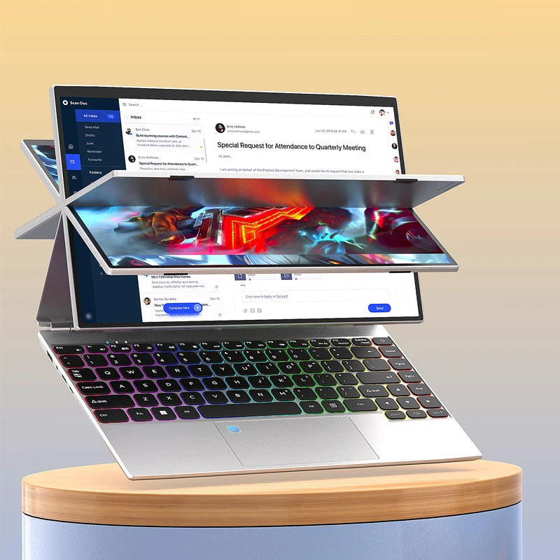 Silver 14-inch 360-degree laptop with a vibrant backlit keyboard, shown in a folded position on a wooden stand.