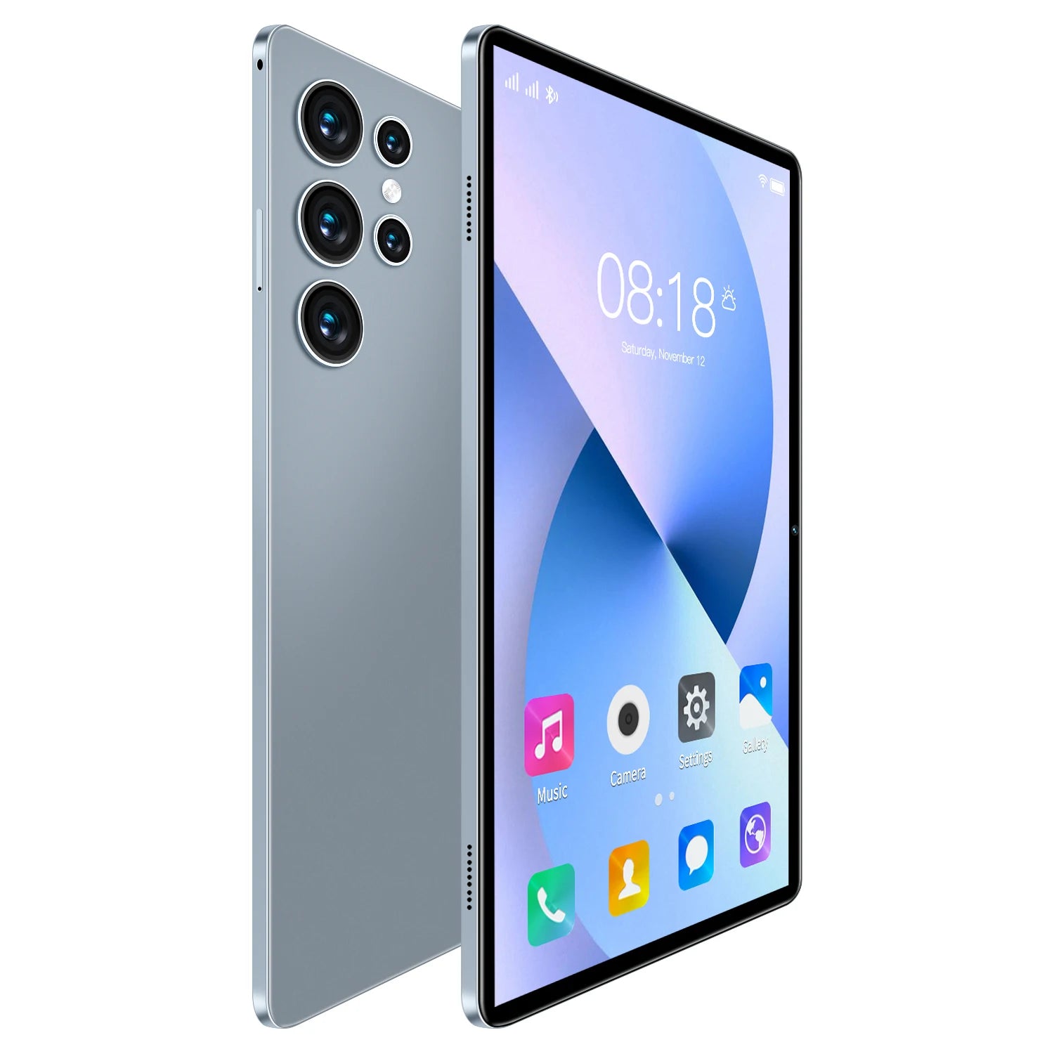 Silver 10.1-inch Android tablet with a slim design, high-definition display, and multi-lens rear camera system.