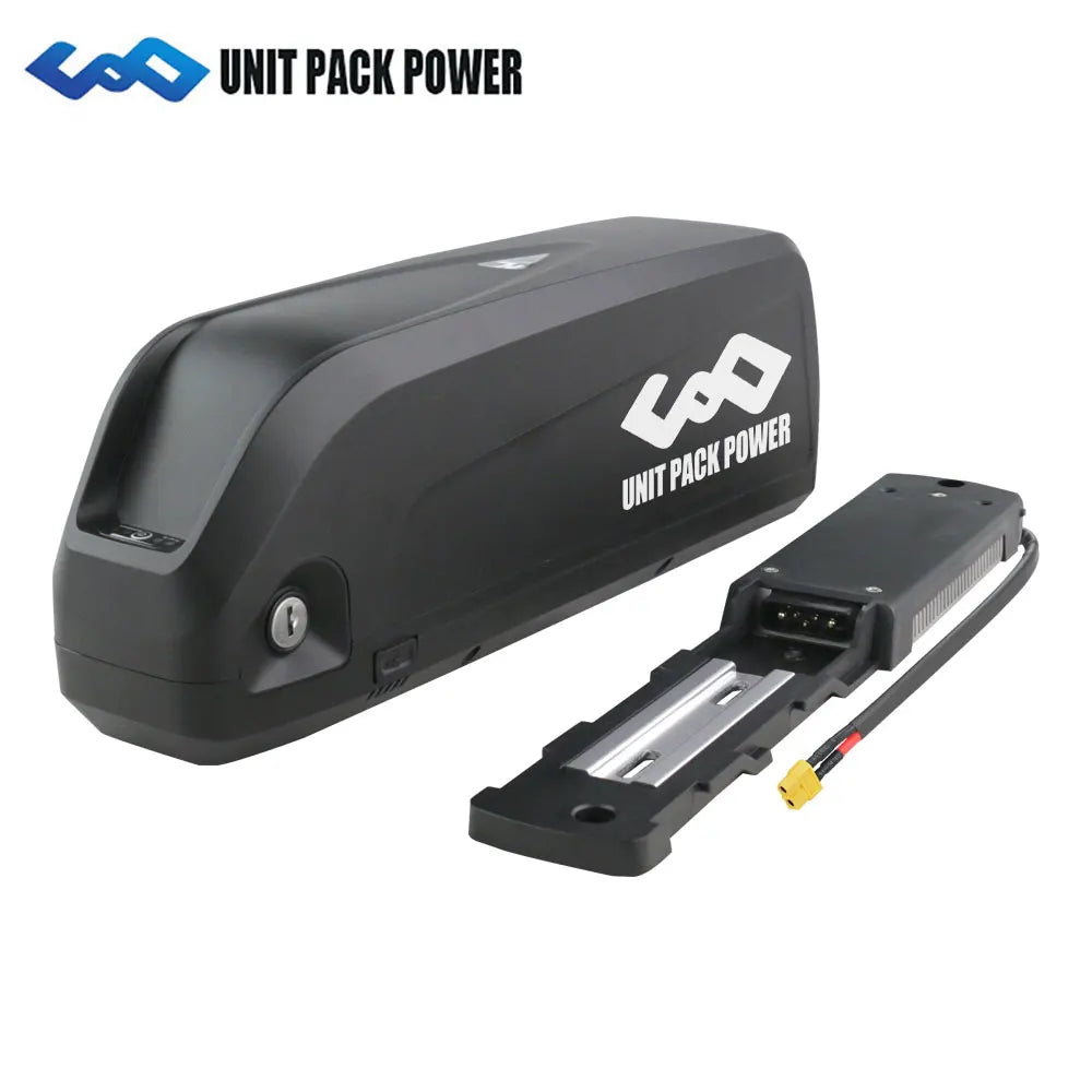 Black e-bike battery with integrated key lock and separate mounting plate with power cable connector.