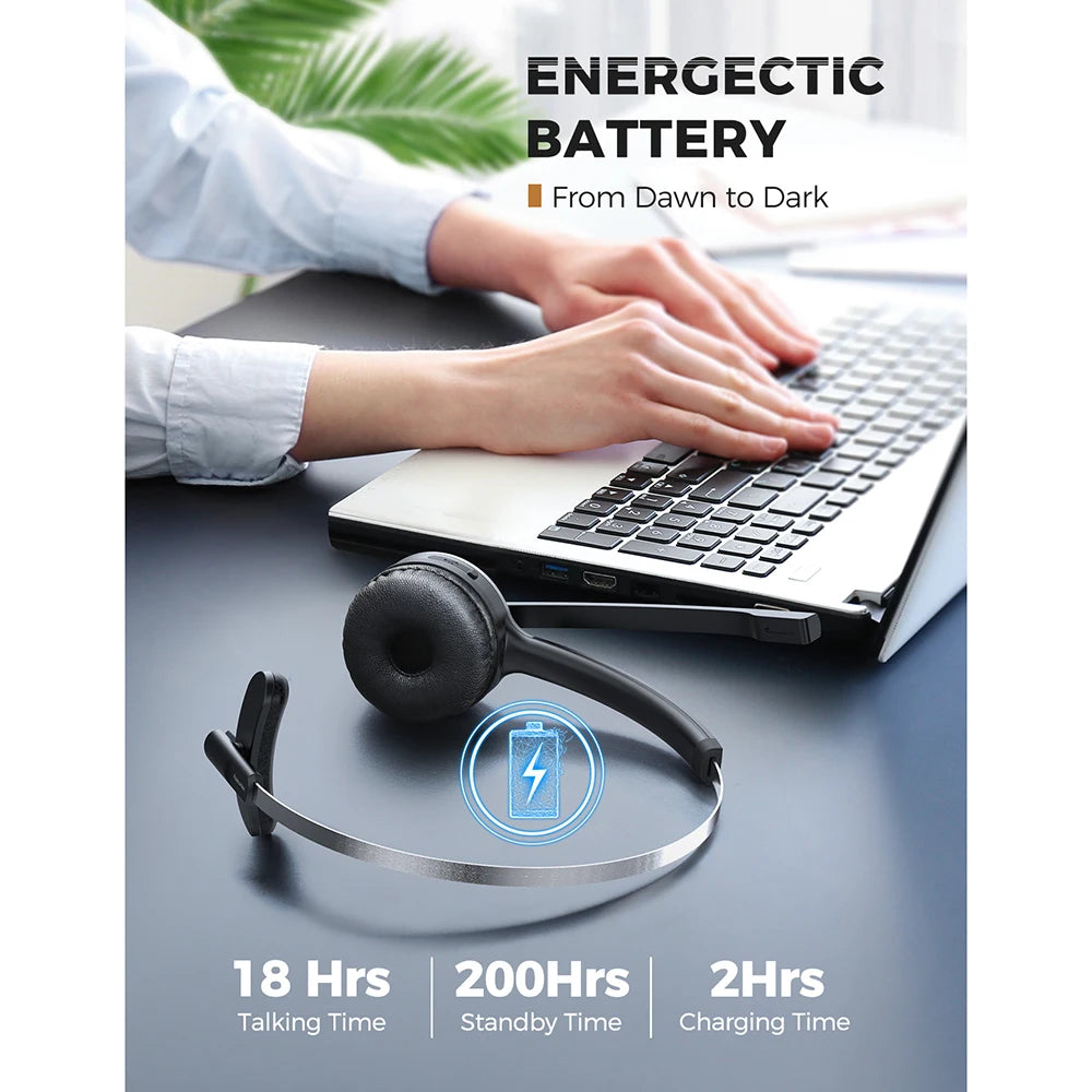 Black wireless headset with microphone on a desk, highlighting 18-hour talk time and a durable battery.