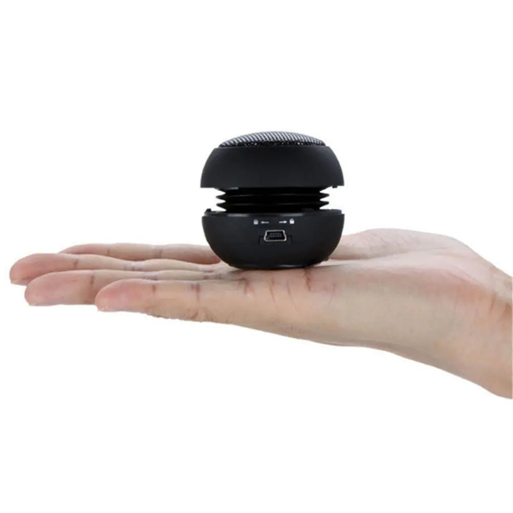 Small, black, portable spherical speaker held in a hand, featuring a mesh top and a micro-USB charging port.