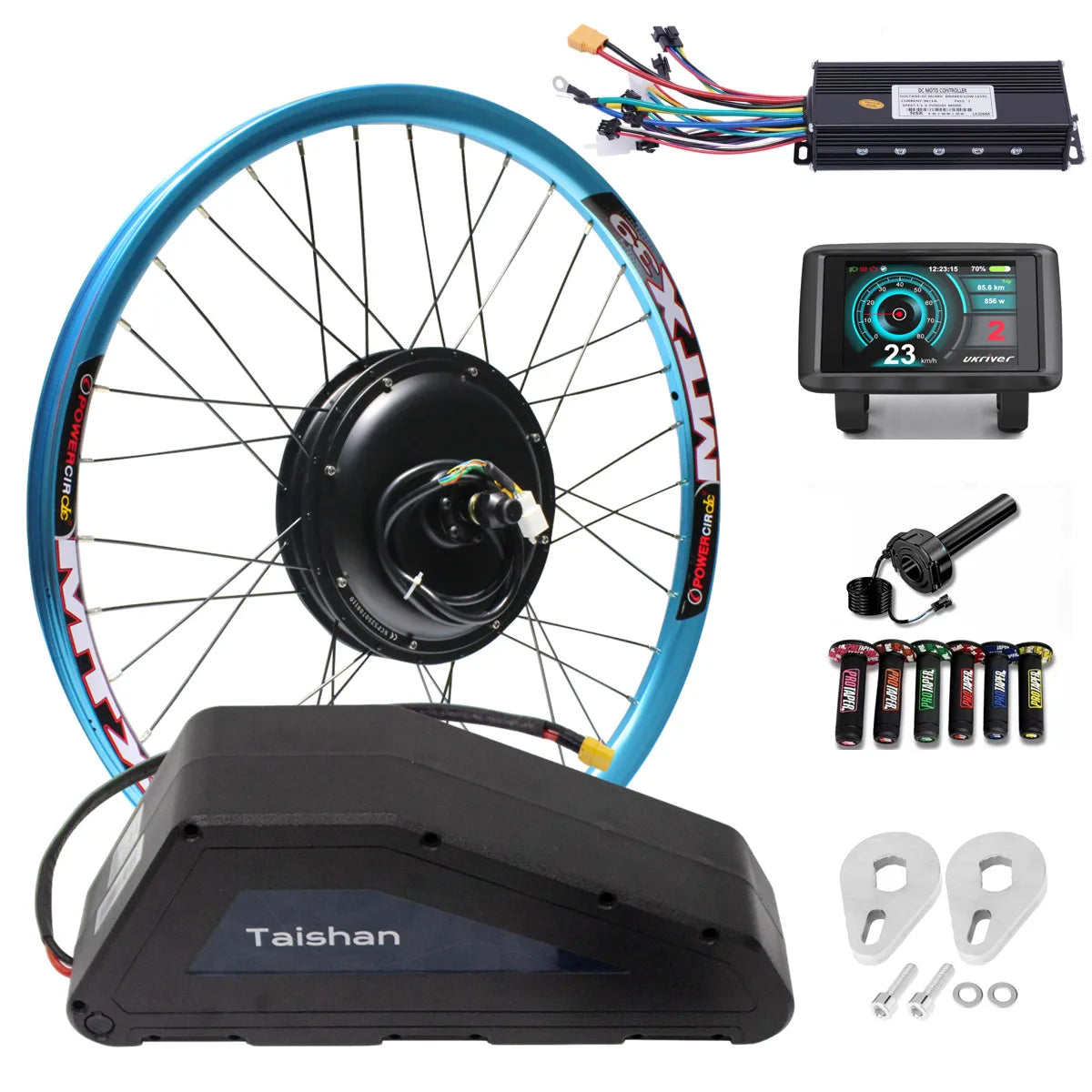 Electric bike conversion kit featuring a blue-rimmed hub motor wheel, battery pack, display screen, and accessories.