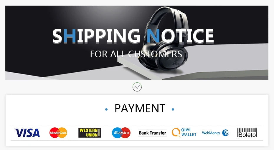 Black plastic over-ear headphones displayed with text for shipping notice and supported payment methods.