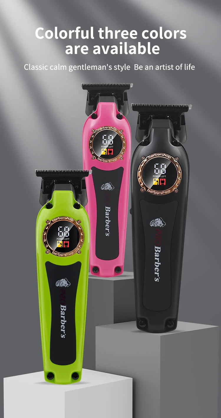 Three professional hair trimmers in lime green, pink, and black, each featuring a digital battery display.