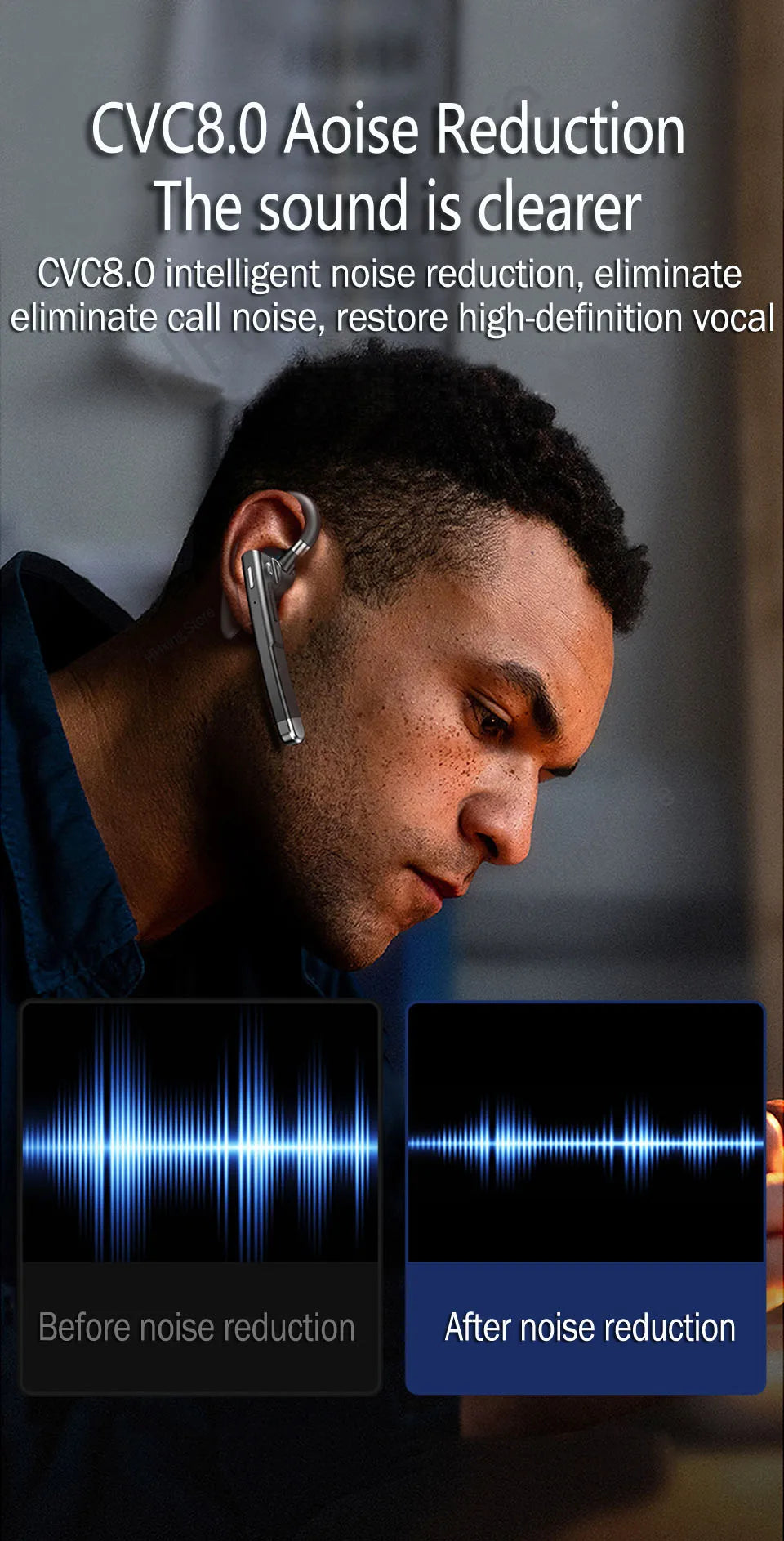 Sleek, grey wireless ear-hook Bluetooth headset with integrated noise-reduction microphone for clear calling.