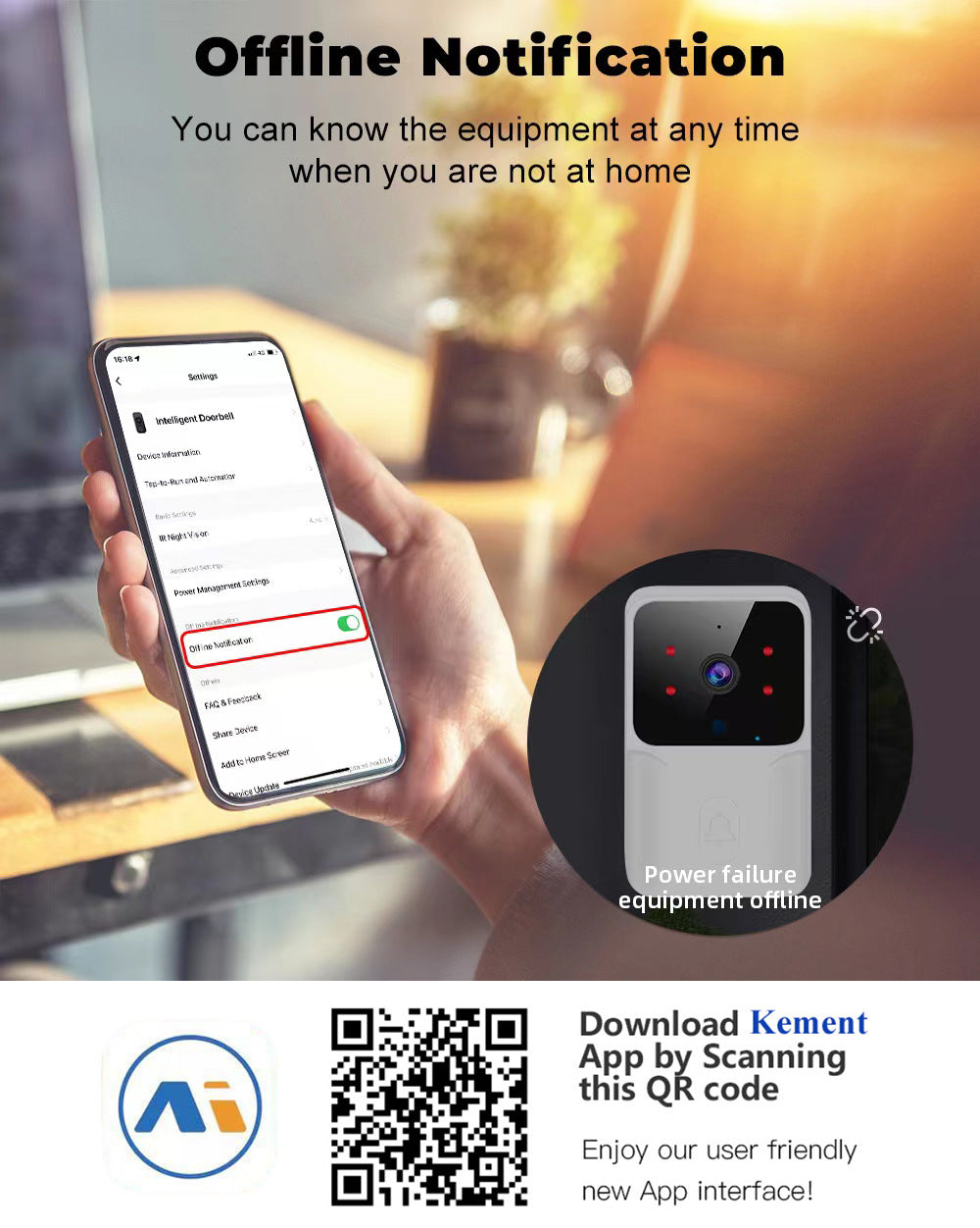 A hand holds a smartphone displaying app settings for a white, compact smart video doorbell with night vision sensors.