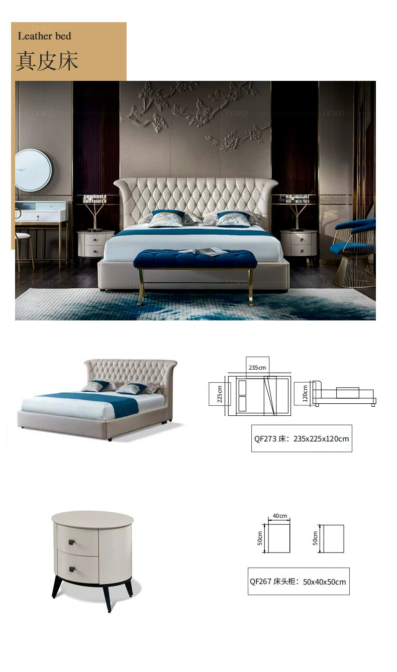 Luxury beige genuine leather double bed with a diamond-tufted high headboard and matching round bedside cabinets.