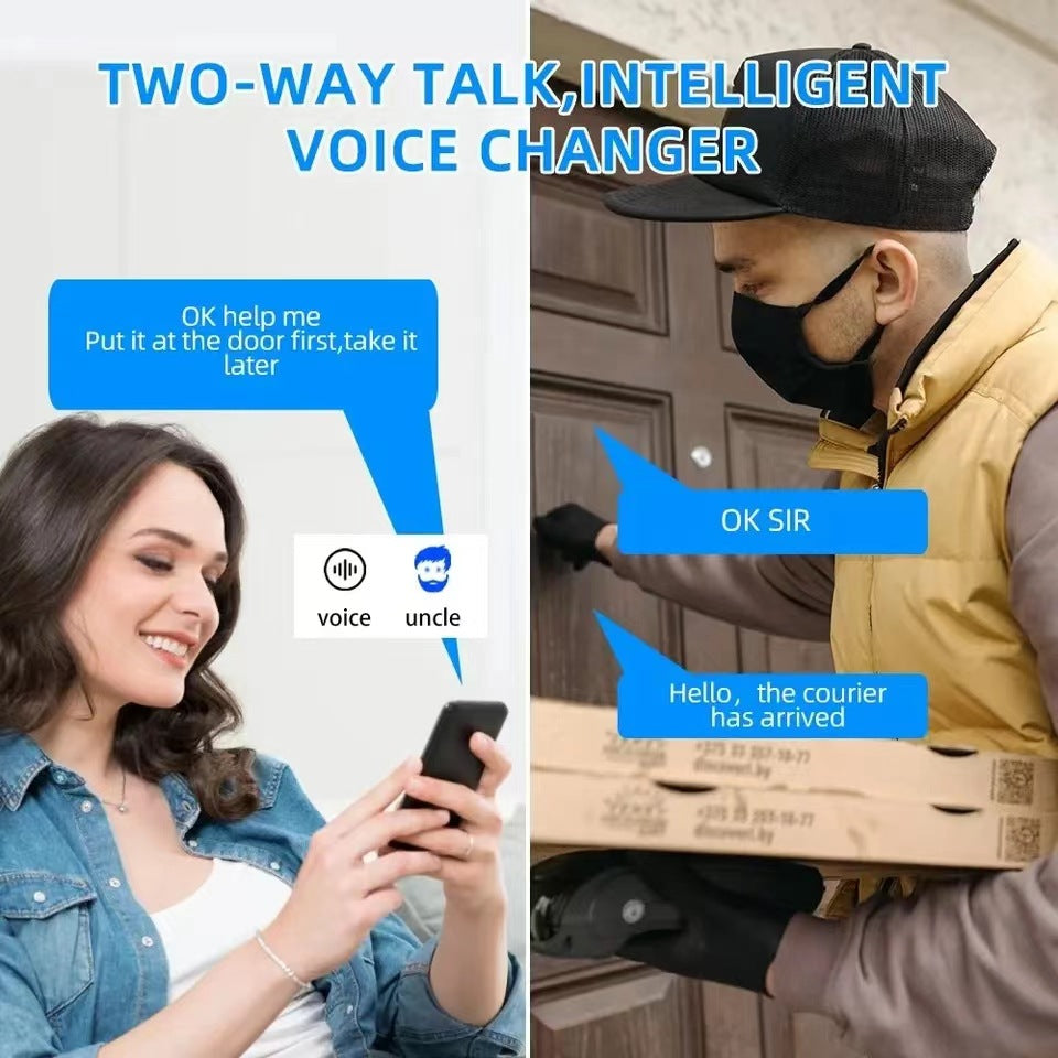 A woman uses a smart WiFi video doorbell app to communicate via two-way audio with a delivery driver at her door.