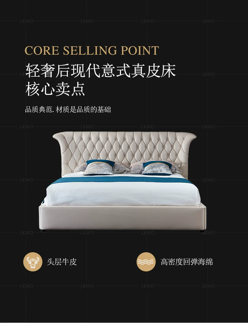 Luxury cream genuine leather double bed with a button-tufted, flared headboard and sleek, low-profile frame.