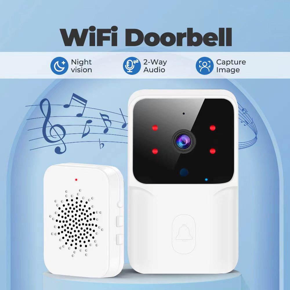 White smart WiFi video doorbell with two-way audio, night vision, and a wireless chime unit on a blue background.