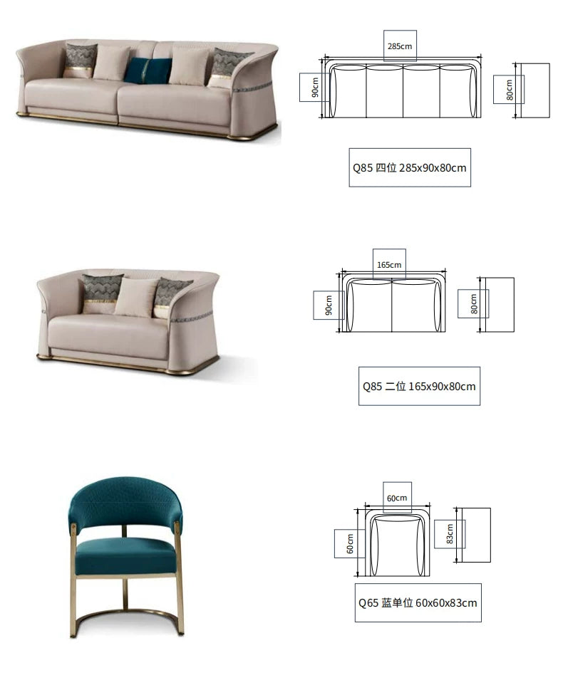 A luxury furniture set featuring beige leather sofas and a teal upholstered accent chair with gold-tone metal bases.