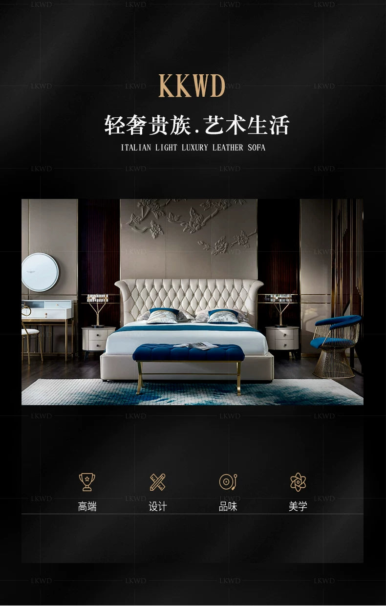 A luxurious cream leather double bed featuring a button-tufted headboard, styled with a blue velvet bench.