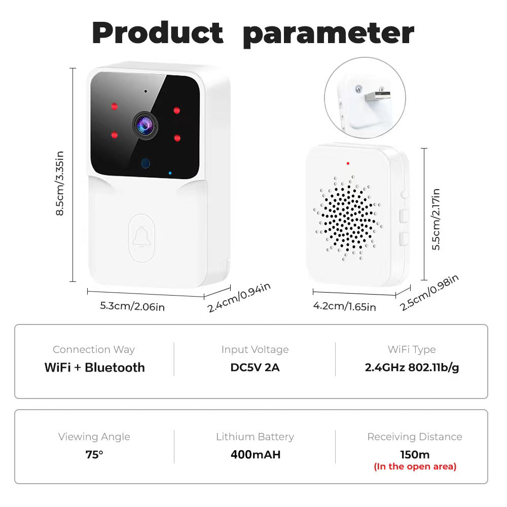 White smart video doorbell with night vision, camera lens, and matching indoor chime speaker with dimensions.