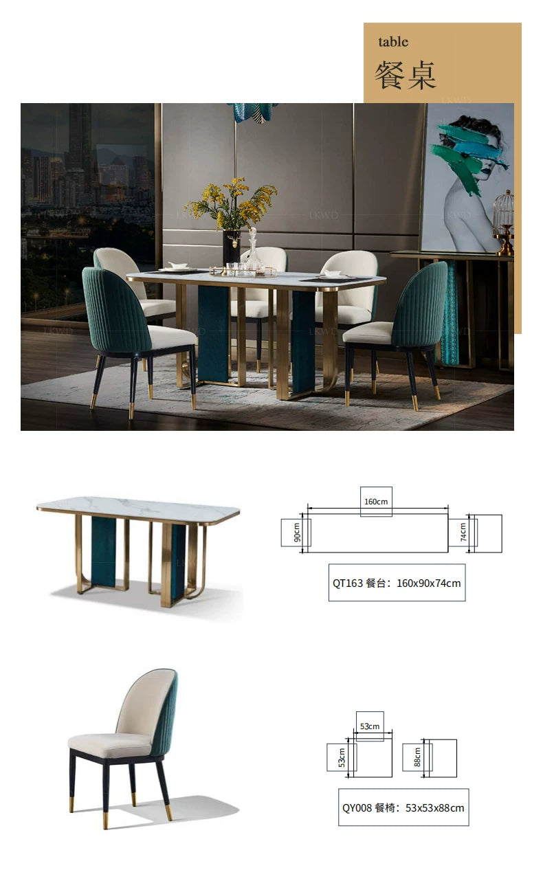 Modern dining set with a marble-effect table and cream and emerald green upholstered chairs with gold-toned legs.