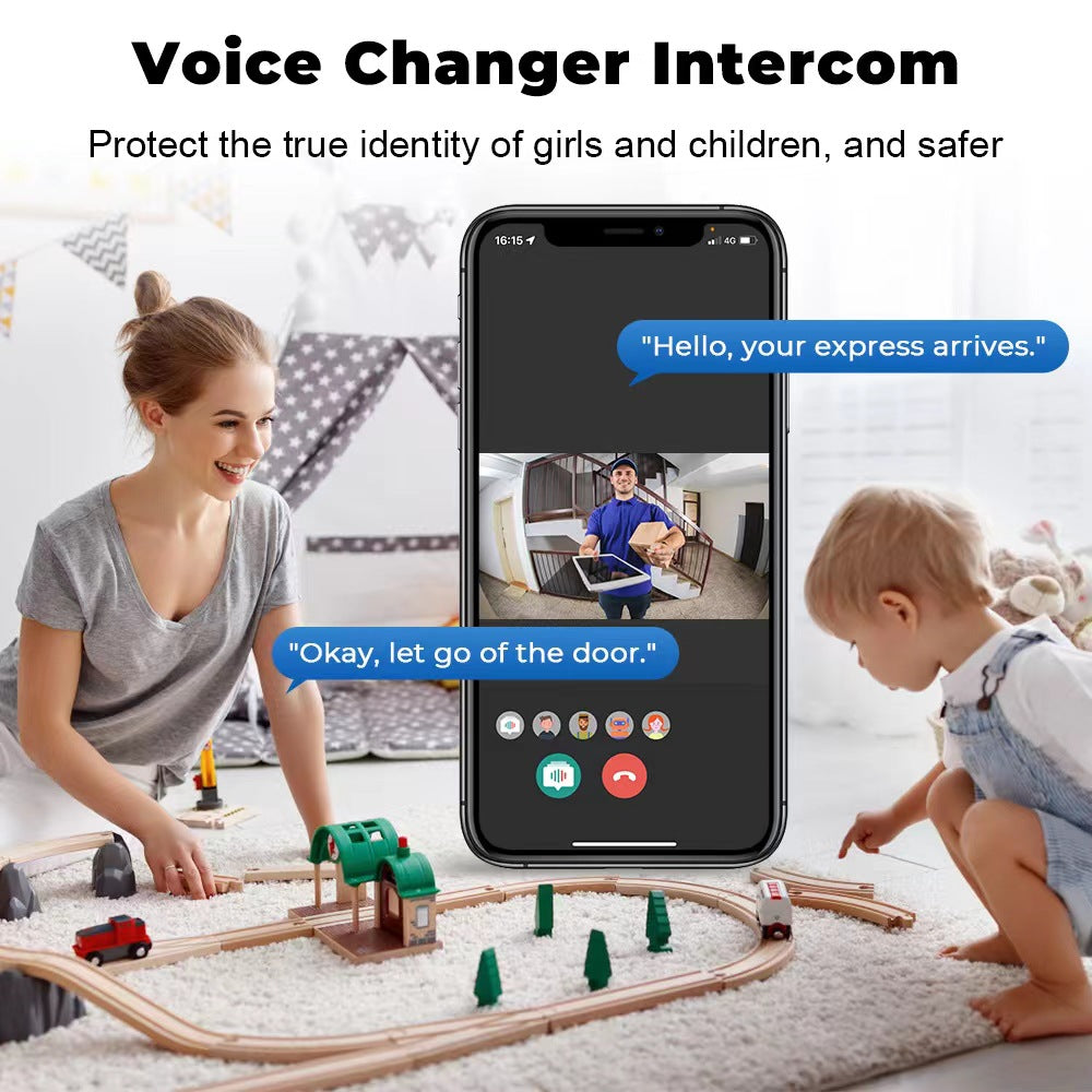 Smartphone showing a smart video doorbell app interface with a delivery person on screen, used by a mother and child.