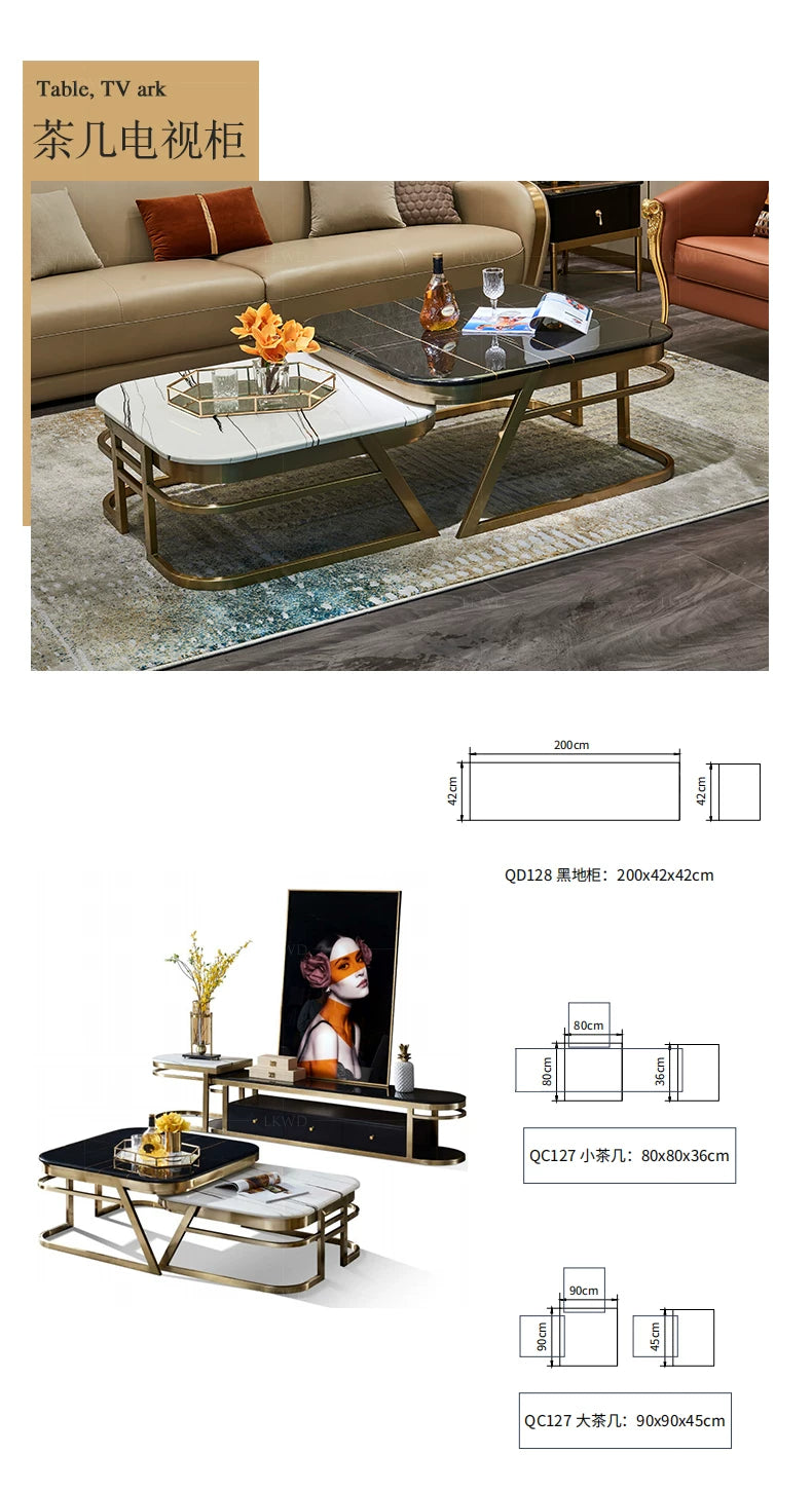 Modern nest of coffee tables featuring white and black marble-effect tops with gold-toned metal frames.