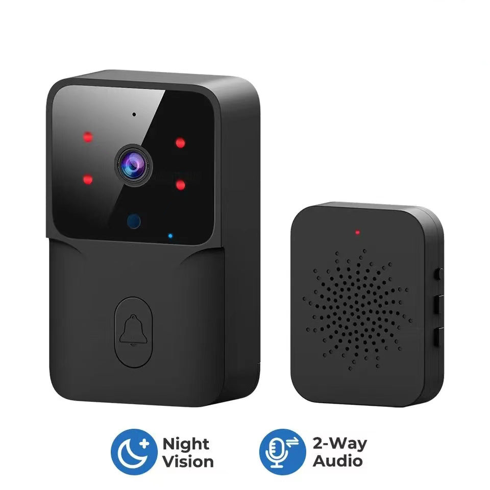 Black smart video doorbell with night vision, doorbell button, wireless chime, and two-way audio icons.