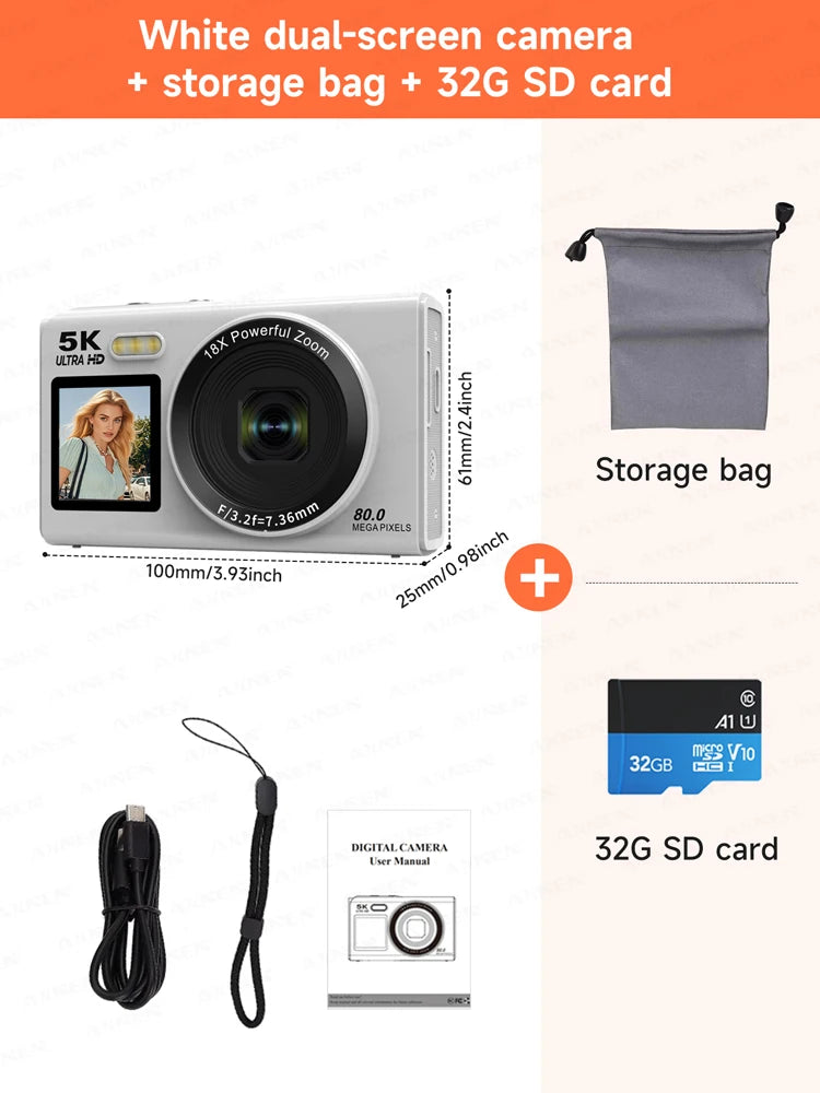 White dual-screen digital camera with 32G SD card, storage bag, charging cable, lanyard, and user manual.