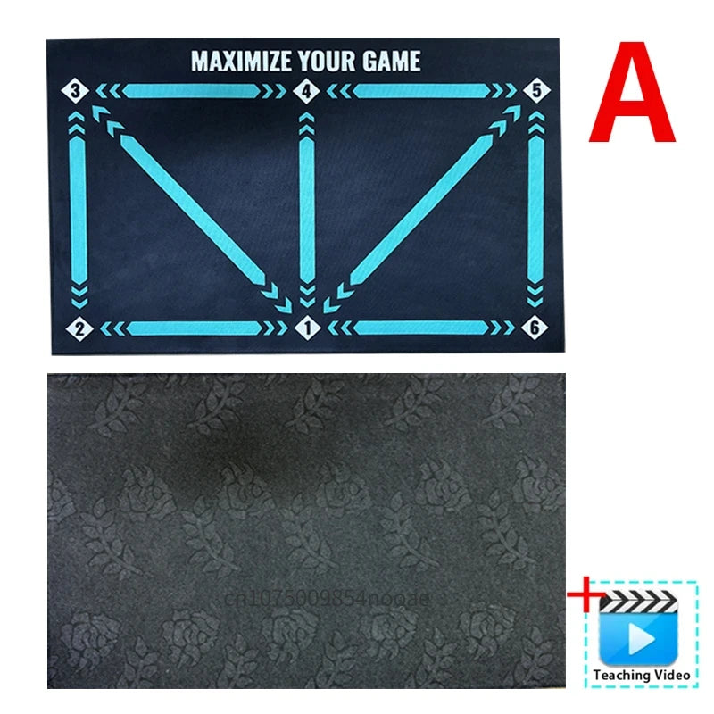 Black training mat with numbered cyan directional arrows and a non-slip floral texture base.