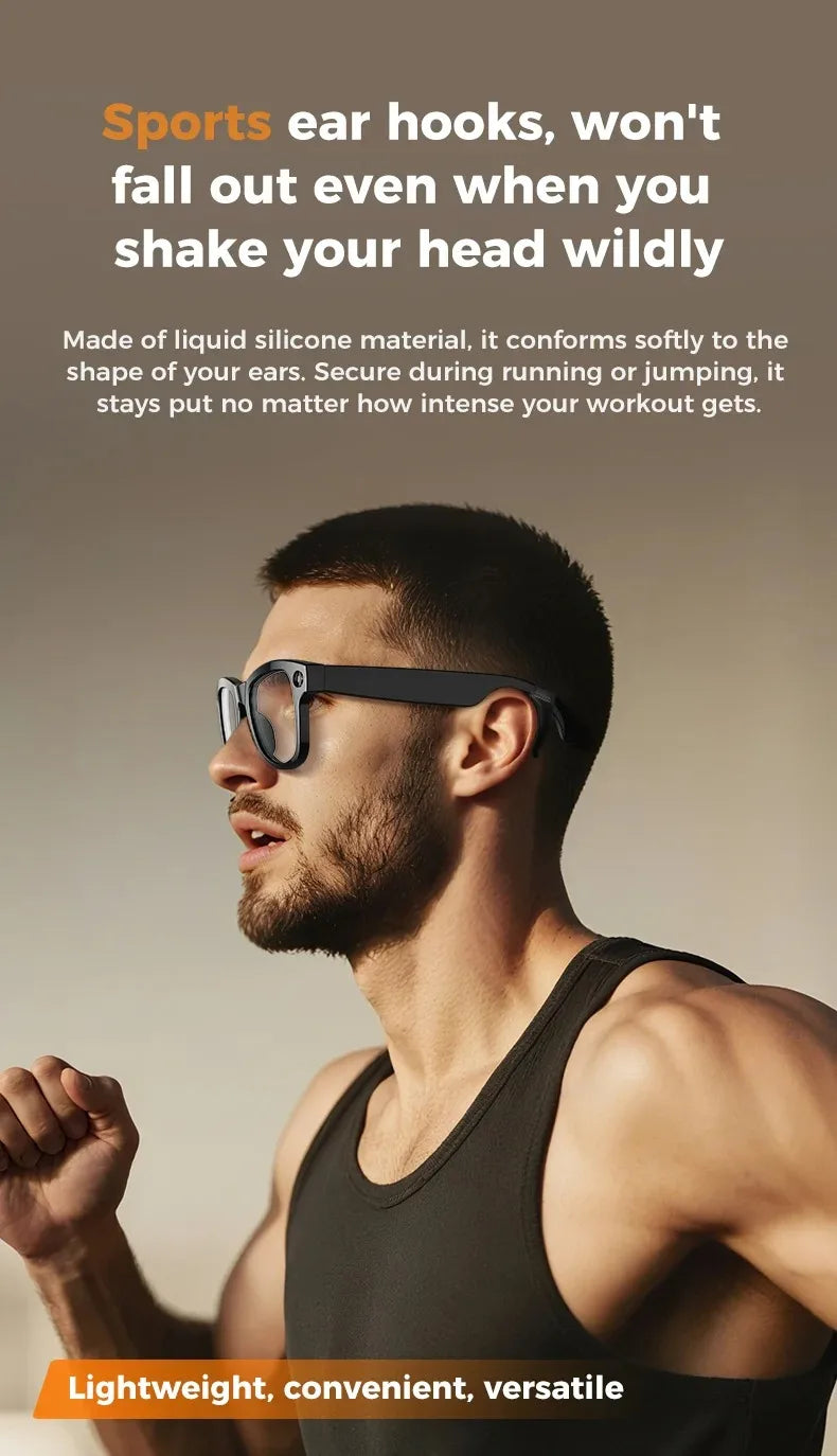 A man wearing sleek, black smart glasses with photochromic lenses while running. Focuses on secure, sporty design.