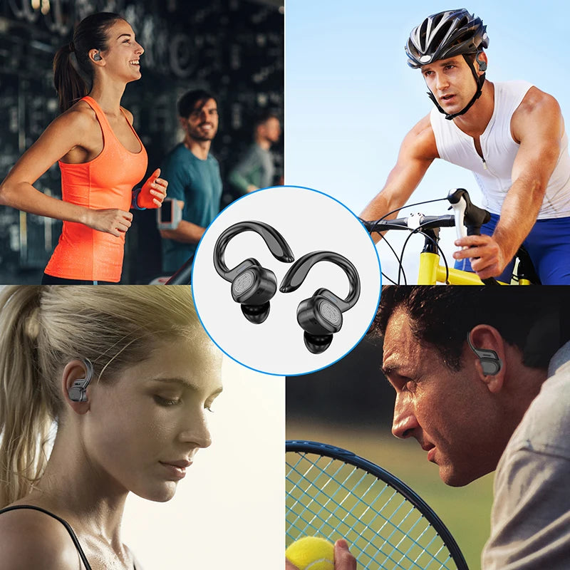 Black wireless ear hooks with a secure, sporty wrap-around design, shown in use by people during active exercise.